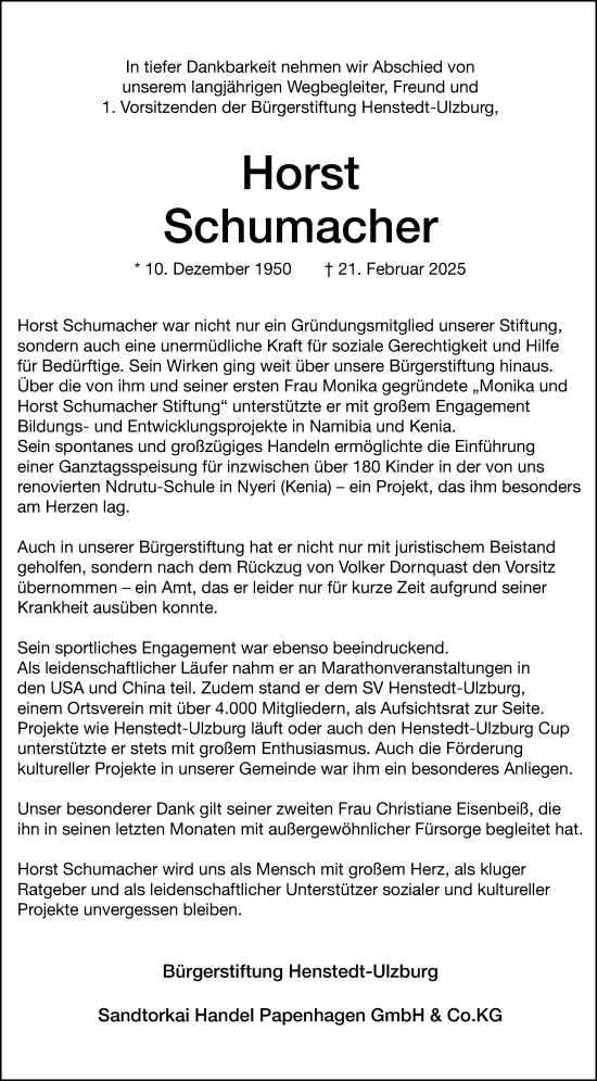 Traueranzeige von Horst Schumacher von Umschau