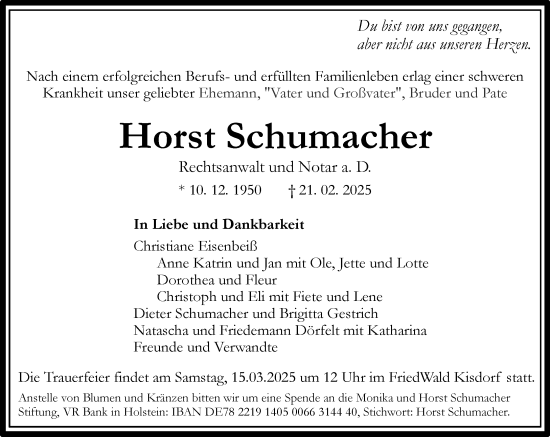 Traueranzeige von Horst Schumacher von Umschau