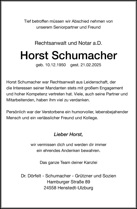 Traueranzeige von Horst Schumacher von Umschau