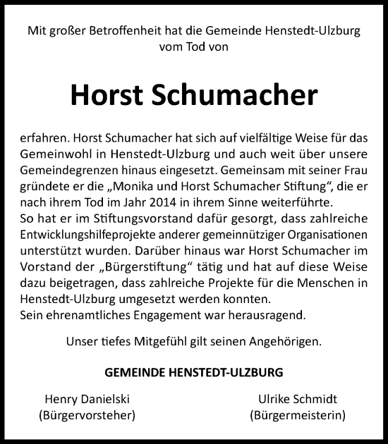 Traueranzeige von Horst Schumacher von Umschau