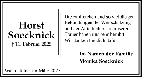 Traueranzeige von Horst Soecknick von MARKT Ratzeburg/Mölln