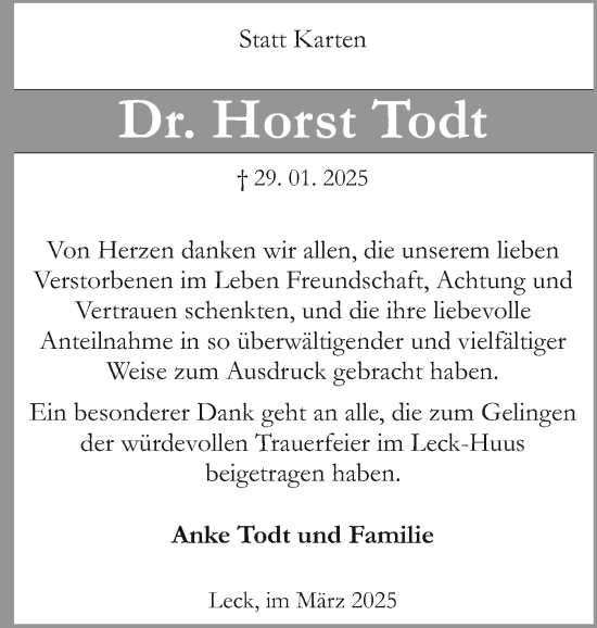 Traueranzeige von Horst Todt von Husumer Nachrichten, Nordfriesland Tageblatt