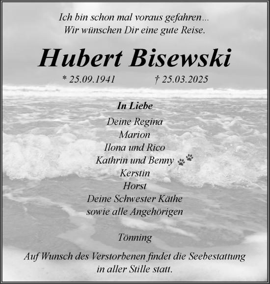 Traueranzeige von Hubert Bisewski von Husumer Nachrichten, Nordfriesland Tageblatt
