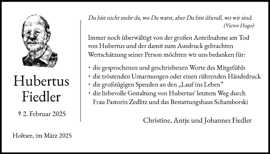 Traueranzeige von Hubertus Fiedler von Eckernförder Zeitung, Hallo Eckernförde