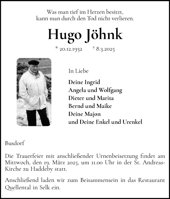 Traueranzeige von Hugo Jöhnk von Schleswiger Nachrichten, Schlei-Bote