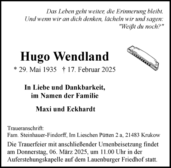 Traueranzeige von Hugo Wendland von Wochenend Anzeiger