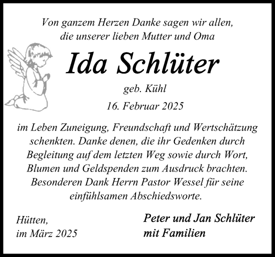 Traueranzeige von Ida Schlüter von Schleswig-Holsteinische Landeszeitung