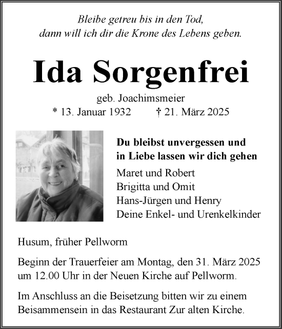 Traueranzeige von Ida Sorgenfrei von Husumer Nachrichten, Nordfriesland Tageblatt