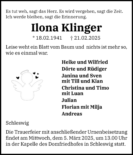 Traueranzeige von Ilona Klinger von Schleswiger Nachrichten, Schlei-Bote