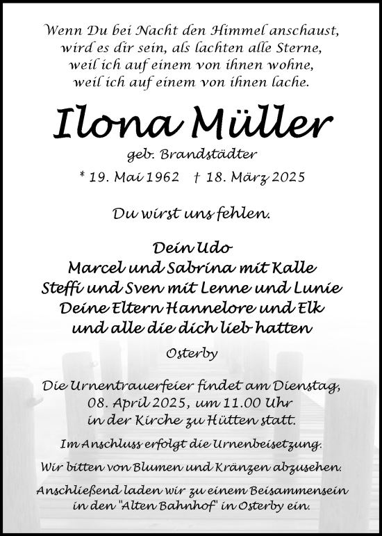 Traueranzeige von Ilona Müller von Eckernförder Zeitung, Hallo Eckernförde