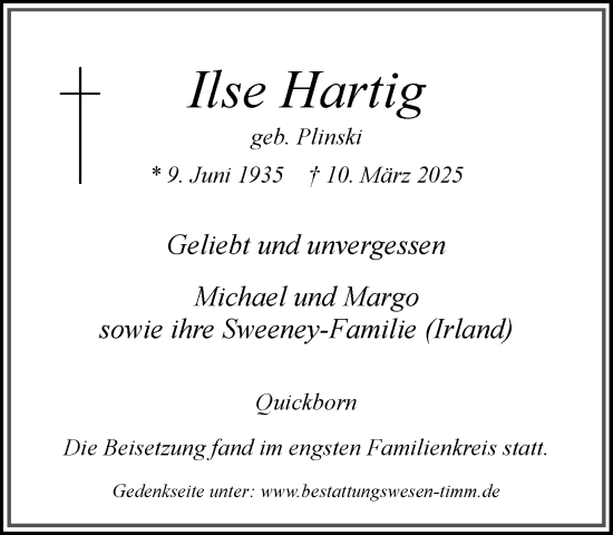 Traueranzeige von Ilse Hartig von Umschau