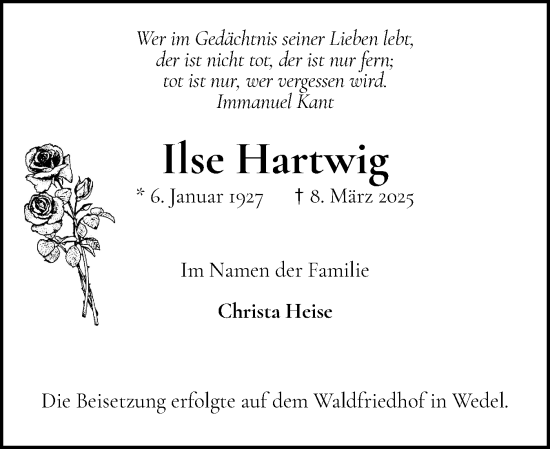 Traueranzeige von Ilse Hartwig von Wedel-Schulauer Tageblatt, tip Wedel-Schulauer Tageblatt, tip Rissener Rundschau