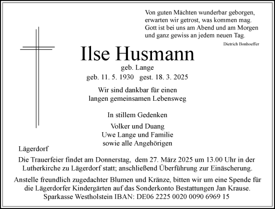 Traueranzeige von Ilse Husmann von Norddeutsche Rundschau, Wilstersche Zeitung, Glückstädter Fortuna