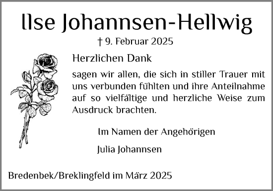 Traueranzeige von Ilse Johannsen-Hellwig von Schleswig-Holsteinische Landeszeitung