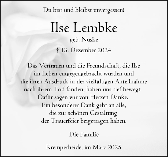 Traueranzeige von Ilse Lembke von Norddeutsche Rundschau, Wilstersche Zeitung, Glückstädter Fortuna