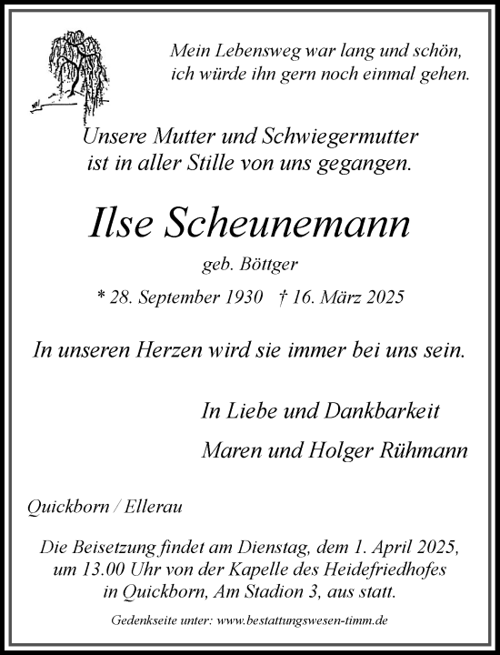 Traueranzeige von Ilse Scheunemann von Umschau