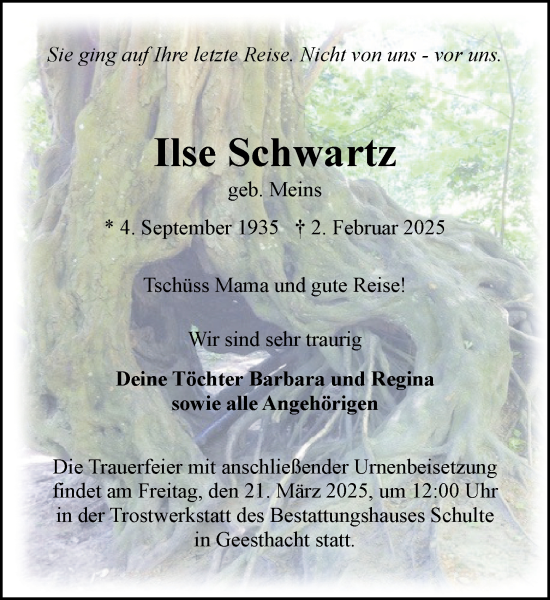 Traueranzeige von Ilse Schwartz von Wochenend Anzeiger