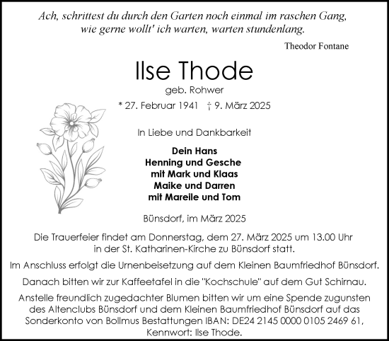 Traueranzeige von Ilse Thode von Schleswig-Holsteinische Landeszeitung
