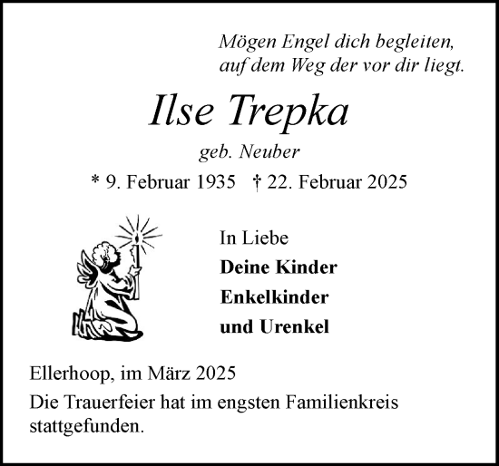 Traueranzeige von Ilse Trepka von Elmshorner Nachrichten, Barmstedter Zeitung