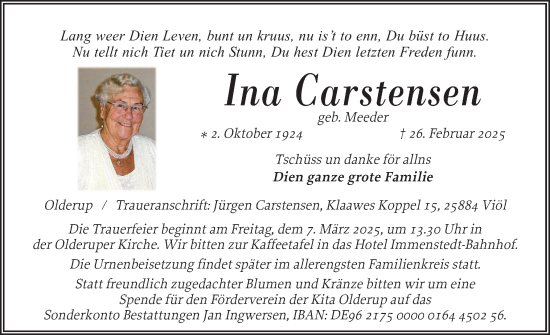 Traueranzeige von Ina Carstensen von Husumer Nachrichten, Nordfriesland Tageblatt