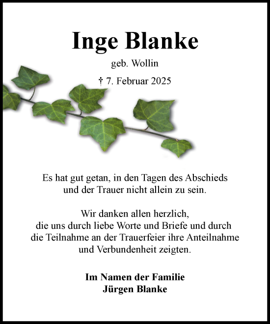 Traueranzeige von Inge Blanke von Wochenend Anzeiger