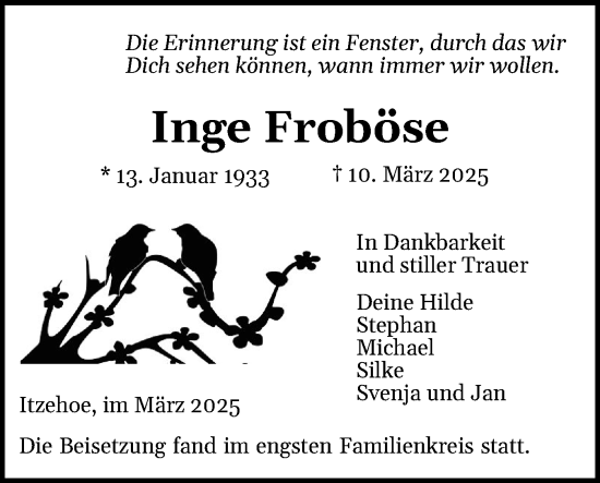Traueranzeige von Inge Froböse von Norddeutsche Rundschau, Wilstersche Zeitung, Glückstädter Fortuna