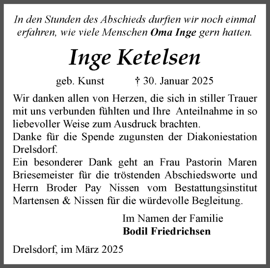 Traueranzeige von Inge Ketelsen von Region Flensburg