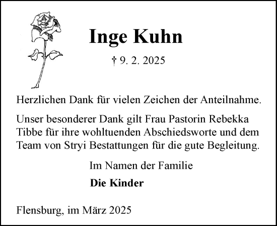 Traueranzeige von Inge Kuhn von Flensburger Tageblatt