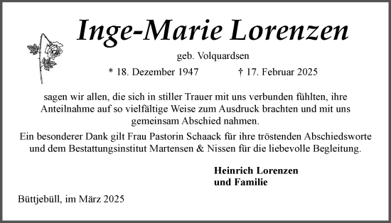 Traueranzeige von Inge-Marie Lorenzen von Husumer Nachrichten, Nordfriesland Tageblatt