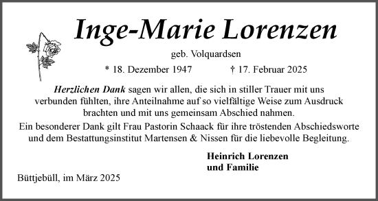 Traueranzeige von Inge-Marie Lorenzen von Husumer Nachrichten, Nordfriesland Tageblatt