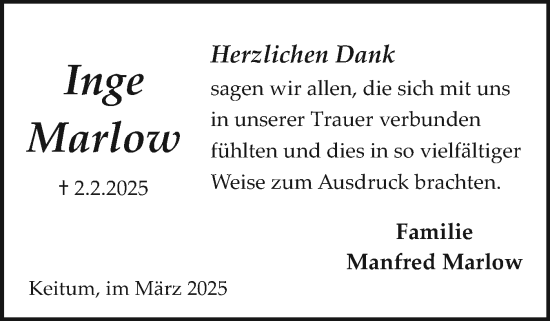Traueranzeige von Inge Marlow von Sylter Rundschau