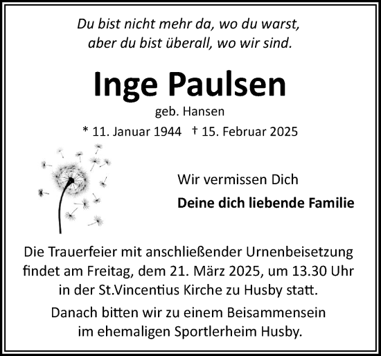 Traueranzeige von Inge Paulsen von Region Flensburg