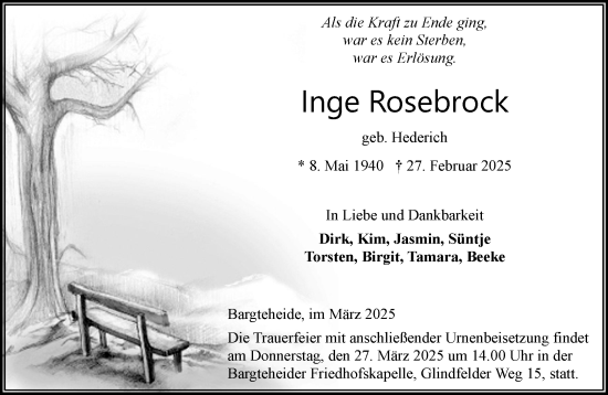 Traueranzeige von Inge Rosebrock von MARKT Ahrensburg/Bargteheide/Trittau und Stormarner Tageblatt