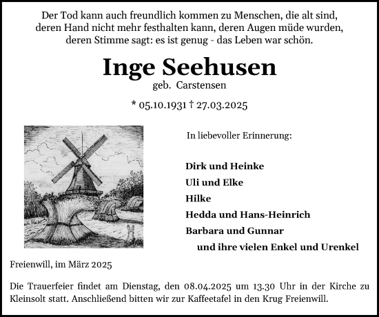 Traueranzeige von Inge Seehusen von Flensburger Tageblatt