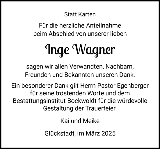Traueranzeige von Inge Wagner von Norddeutsche Rundschau, Wilstersche Zeitung, Glückstädter Fortuna