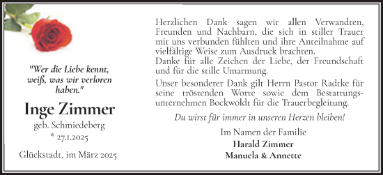 Traueranzeige von Inge Zimmer von Norddeutsche Rundschau, Wilstersche Zeitung, Glückstädter Fortuna
