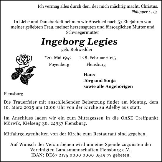 Traueranzeige von Ingeborg Legies von Flensburger Tageblatt