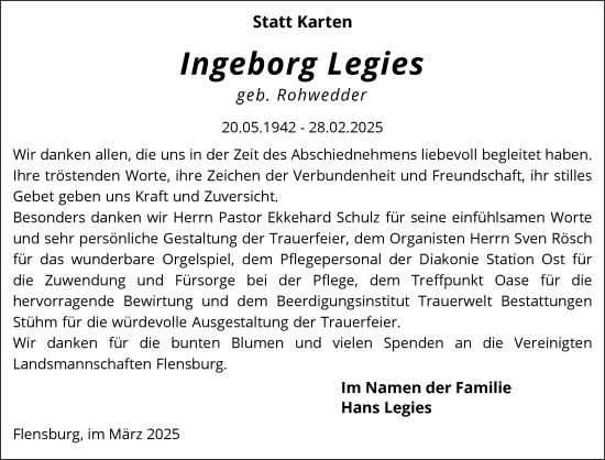 Traueranzeige von Ingeborg Legies von Flensburger Tageblatt