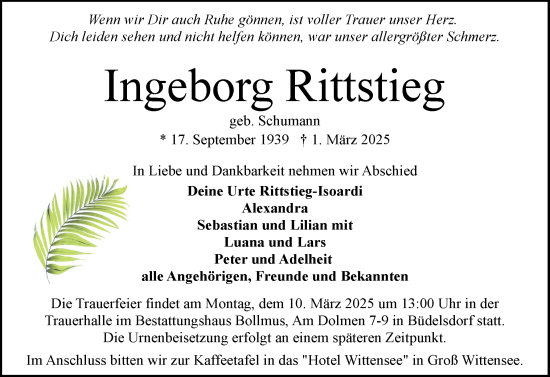 Traueranzeige von Ingeborg Rittstieg von Schleswig-Holsteinische Landeszeitung