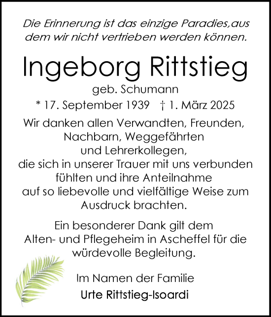 Traueranzeige von Ingeborg Rittstieg von Schleswig-Holsteinische Landeszeitung