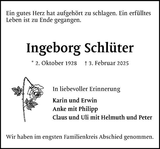 Traueranzeige von Ingeborg Schlüter von Uetersener Nachrichten, Der tip am Wochenende