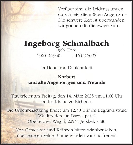 Traueranzeige von Ingeborg Schmalbach von MARKT Bad Oldesloe/Reinfeld und Stormarner Tageblatt