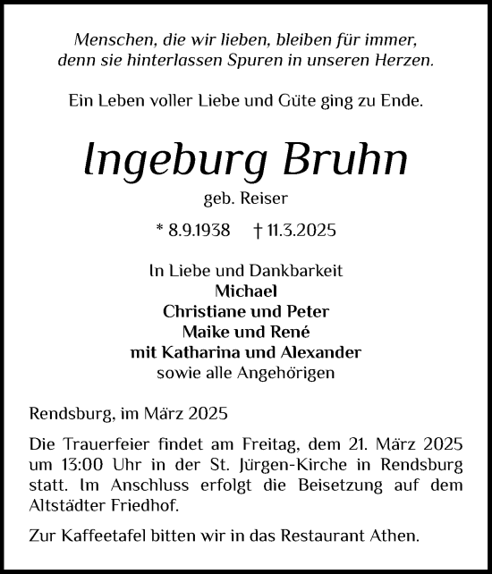 Traueranzeige von Ingeburg Bruhn von Schleswig-Holsteinische Landeszeitung