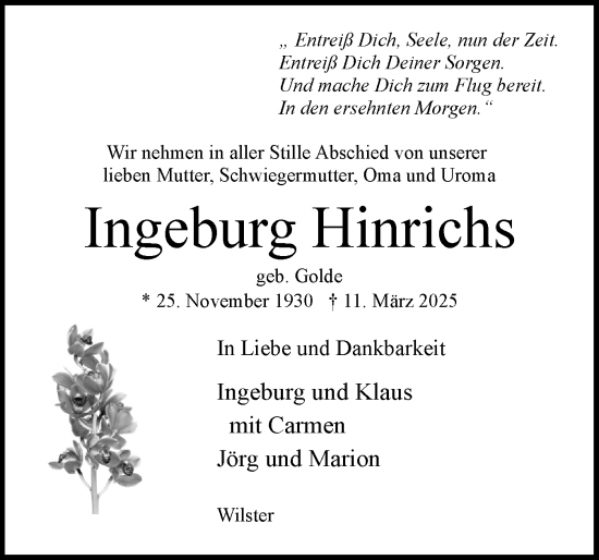 Traueranzeige von Ingeburg Hinrichs von Norddeutsche Rundschau, Wilstersche Zeitung, Glückstädter Fortuna