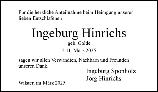 Traueranzeige von Ingeburg Hinrichs von Norddeutsche Rundschau, Wilstersche Zeitung, Glückstädter Fortuna