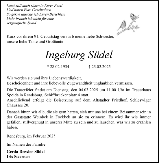 Traueranzeige von Ingeburg Südel von Schleswig-Holsteinische Landeszeitung