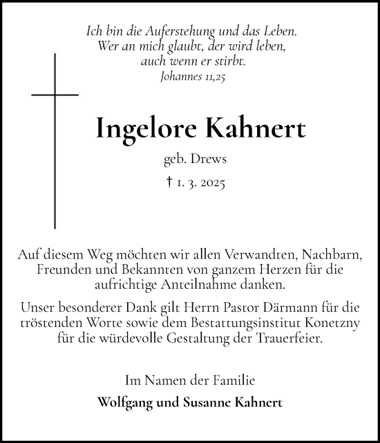 Traueranzeige von Ingelore Kahnert von Elmshorner Nachrichten, Barmstedter Zeitung