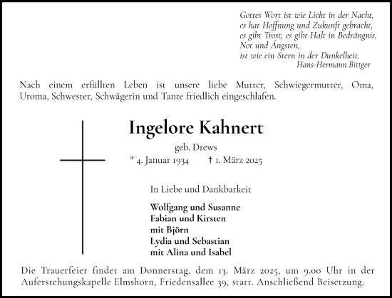Traueranzeige von Ingelore Kahnert von Elmshorner Nachrichten, Barmstedter Zeitung