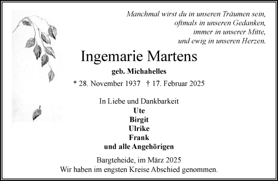 Traueranzeige von Ingemarie Martens von MARKT Ahrensburg/Bargteheide/Trittau und Stormarner Tageblatt