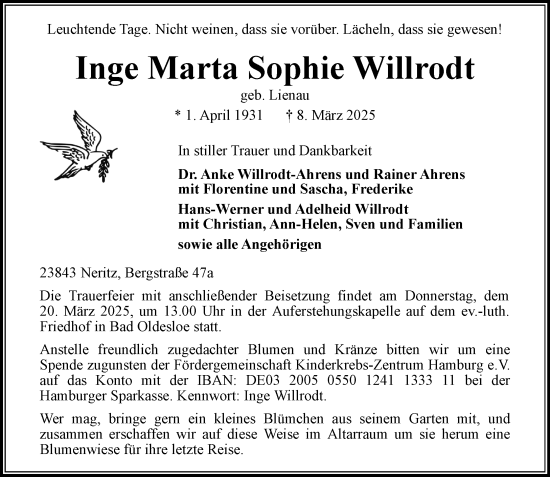 Traueranzeige von Inge Marta Sophie Willrodt von MARKT Bad Oldesloe/Reinfeld, MARKT Ahrensburg/Bargteheide/Trittau und Stormarner Tageblatt